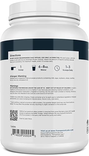Miniatura 7 de Transparent Labs Aislado de proteína de suero de leche alimentado con pasto  Sabor natural, proteína de suero sin gluten en polvo con 0.99 oz de