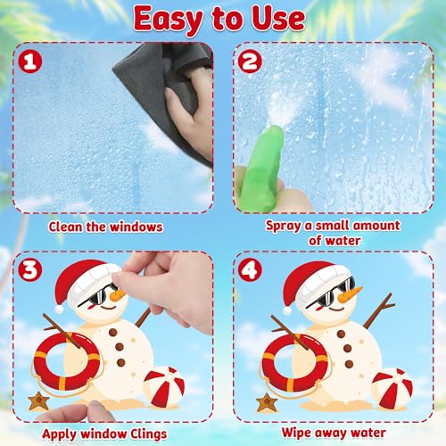 Image of Christmas July Window Clings, 9 Sheets Summer Christmas Window Clings, Tropical Santa Claus Decals Decor, Flamingo July Hawaiian Xmas Snowman Stickers Beach Hawaii Summer Party Decorations Supplies