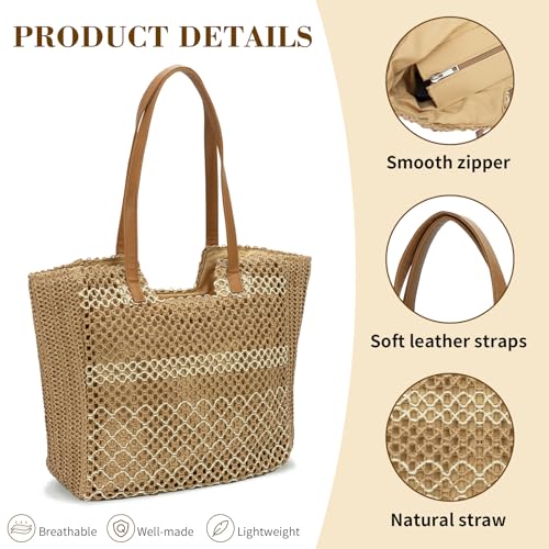 Image of MICOM Tote Bag for Women-Large Woven Bag,Straw Beach Bag,Lightweight Straw Beach Totes Bags for Women,Woven Handbag with PU Strap and Zipper for Picnic