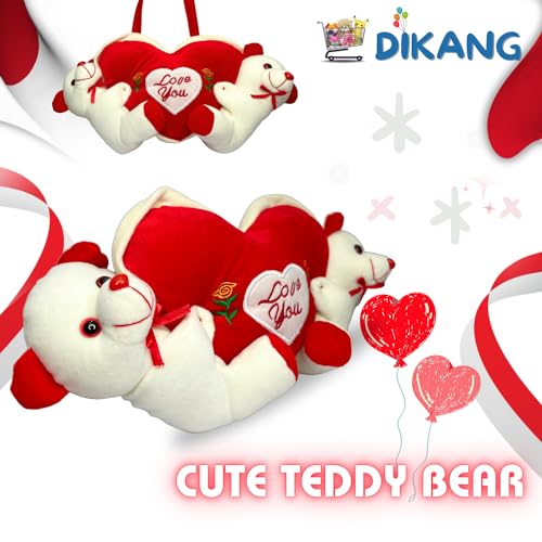 Image of DIKANG Hanging Couple Teddy Bear with Heart for Valentine's Day Gift | Valentine Gift for Boyfriend /Girlfriend /Husband /Wife - 20cm (Off-White & Red)