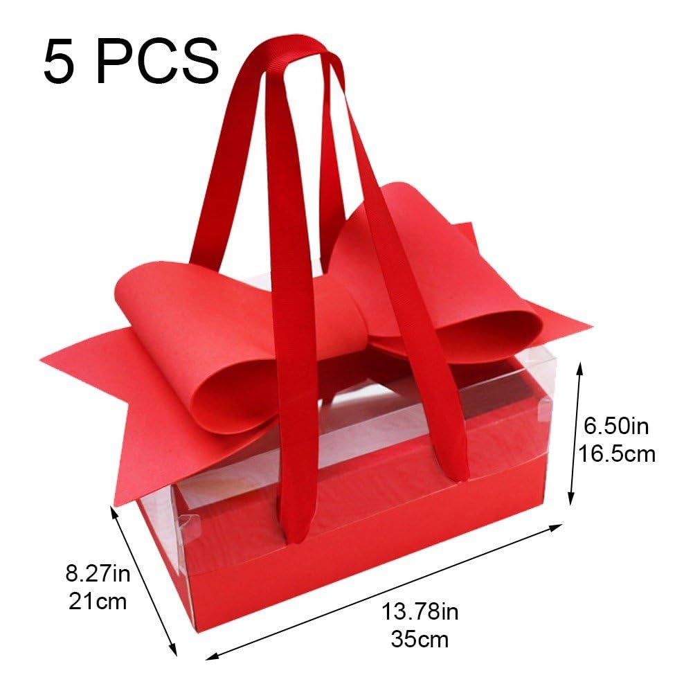 Confezione Regalo con Fiocco Grande 5 Pezzi con Manico, Scatola Regalo con Fiocco Rosso Scatola Regalo con Fiori per, Natale, Matrimonio, Compleanno, Festa, Bomboniera