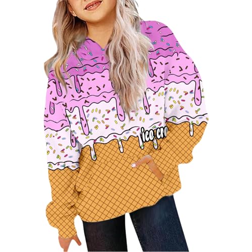 Cute Hoodies for Teen Girls Ice Cream Drip Preppy Pullovers Kids Long Sleeve Funny Y2k Hooded Sweatshirts with Pocket