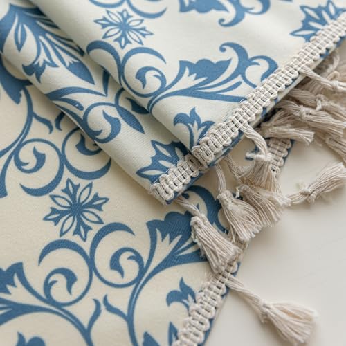Image of Blue Floral Curtains 63 Inches Long, Boho Farmhouse Light Filtering Rod Pocket Drapes with Tassel Trim for Bedroom Living Room, 2 Panels