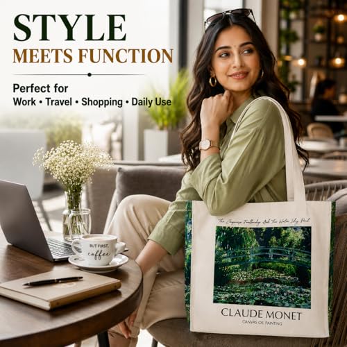 Image of Artsy Canvas Tote Bag for Women | Zipper Closure, Bottle Holder & Keychain Hook | Premium Cotton Canvas Bag for Travel, College, Office | Reusable Shopping Tote Bag Gift