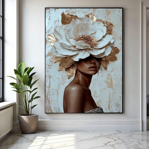 Portrait de femme sur toile grand format 80x120 cm avec motif floral déco maison moderne