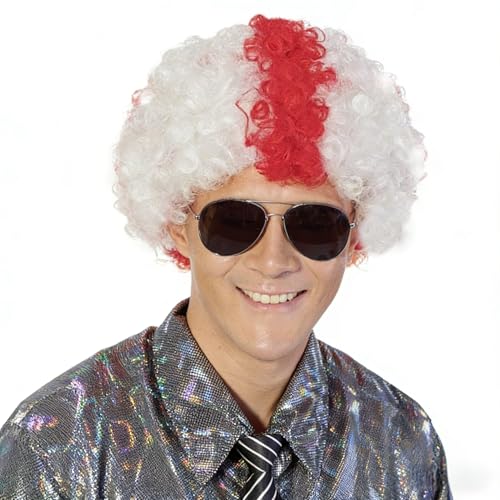 Image of FREE BEAUTY England Flag Colored Afro Wig for Men Women 2026 World Cup Fan Wig Soccer Fans Cheer Hair White Red Afro Wigs for Football Fans for Stadium Party Cosplay (England)