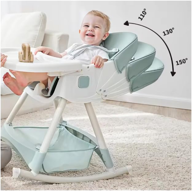 Image of Baby High Chair, Foldable Multifunctional Feeding Chair with Wheels, Removable Tray, Mint Green