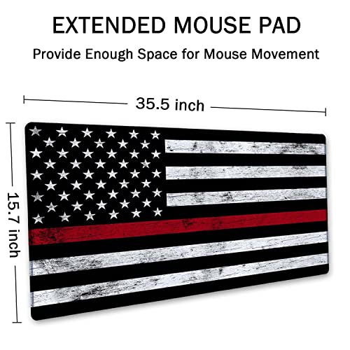Image of SSOIU Extended Gaming Mouse Pad (35.5x15.7 in), Large Stable Rubber Base Mousepad with Stitched Edges, Keyboard Mouse Mat Desk Pad for Work, Game, Office, Home - Fire Fighter Thin Red Line Flag