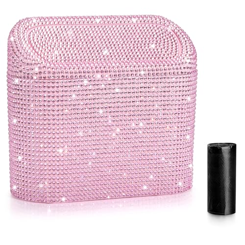 Image of Accmor Bling Car Trash Can with Lid, Leak-Proof Mini Vehicle Trash Bin Automotive Dustbin Organizer Storage, Sparkling Crystal Trash Bag Container with 30pcs Garbage Bags for Car, Home, Office (Pink)