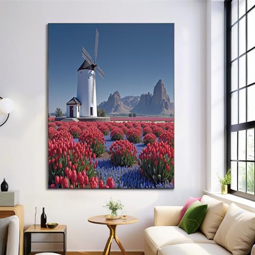Tableau de moulins à vent et tulipes rouge bleu pour décoration salon 70x100cm