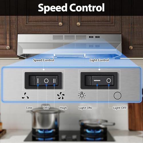 Tieasy 30 inch Range Hood Under Cabinet, 400 CFM Ducted/Ductless Convertible Vent Hood with 2 Speed Exhaust Fan, Rocker Switch Control, Multiple Venting Options, Stainless Steel Kitchen Stove Hood - 2