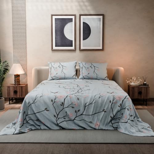 Image of BLISSHOME SoftTouch 140TC Cotton King Size Printed Bedsheet with 2 Pillow Covers for Double Bed, Silky Smooth Bedding Set, Breathable, Easy Maintain, Floral Print - Grey, Pink