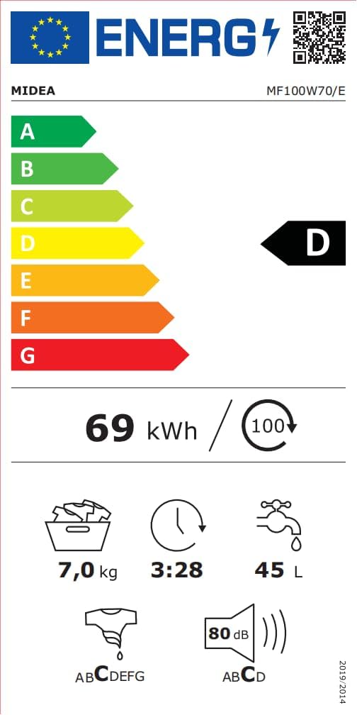 Midea MF100W70/E Lavatrice a Carica Frontale, 7 kg, 40cm di profondità Slim Design, 1200 Giri, Hygiene 90 ℃, Opzioni di Temperatura Multiple, Colore Bianco           [Classe di efficienza energetica D]