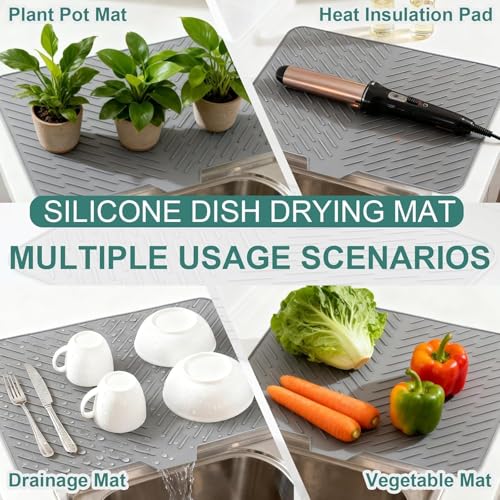 Image of CooRug Silicone Dish Drying Mat for Kitchen - Built-in Drain Lip | Hygienic Drying Pad - Sturdy Compact Easy to Clean Tray Protects Surfaces Prevents Water Build Up - 40 X 30 Cm (Grey)