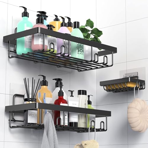 IMURZ Shower Caddy, Bathroom Storage Accessory Shelf Organiser No Drilling, Adhesive Shower Rack with Soap Razor Holder, 3 Pack