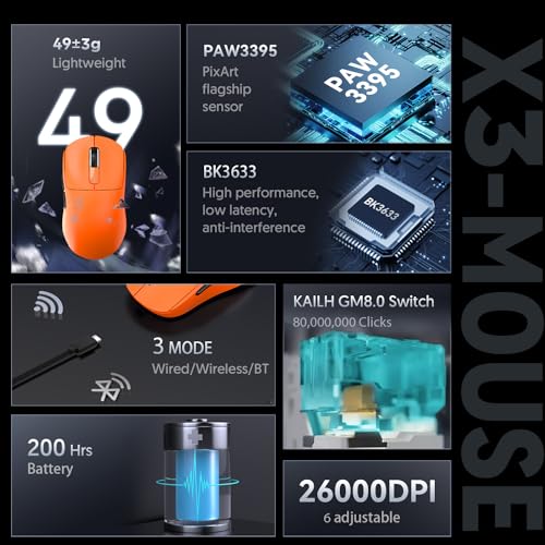 Image of ATTACK SHARK Gaming Mouse X3, 49g, SUPERLIGHT, Game Sensor PixArt PAW3395, Wireless /Wired BT /2.4G, 26000 DPI, 200 Hours Battery, G502, Office Mouse for Win11 /Xbox /PS /Mac, Orange