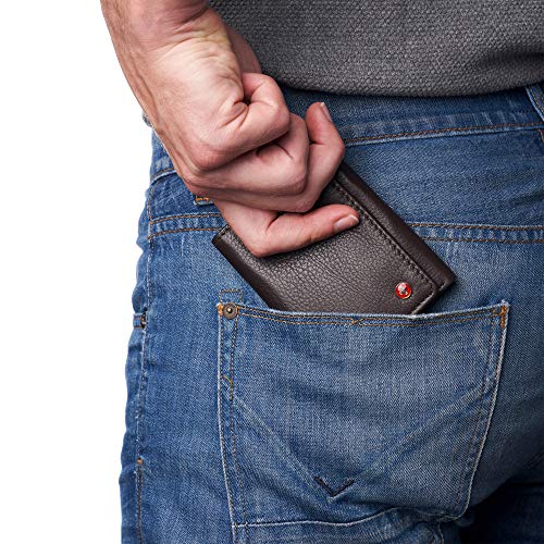 Image of Alpine Swiss Men's Leon RFID Trifold Pocket Wallet - Genuine Leather Wallet for Men, Slim Design with ID Window & Multiple Card Slots, Classic RFID Safe Pocket Wallet in gift box Brown