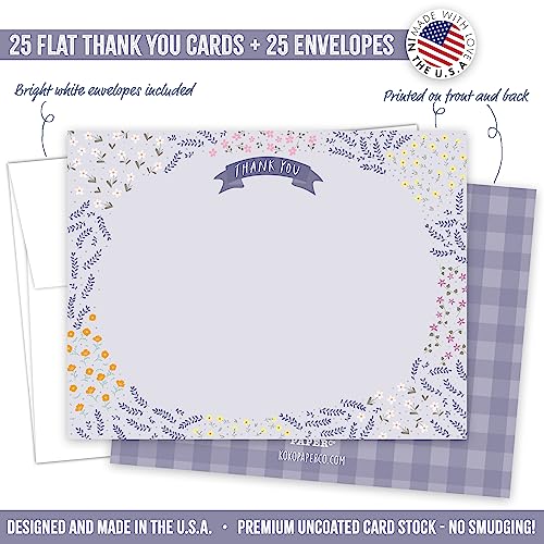 Image of Koko Paper Co Purple Thank You Cards Flat - Wildflower Design Summer Stationery for Weddings, Baby Showers, Events, Everyday Notes - Made in USA - Set of 25 Blank Floral Note Cards (Flat, Not Folded)