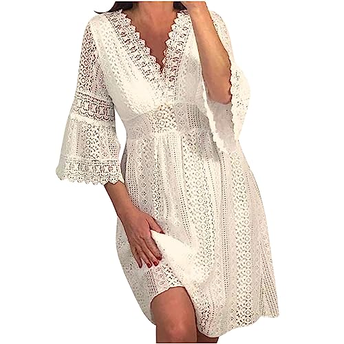 Women's Summer Lace Crochet Dress 3/4 Bell Sleeve V Neck