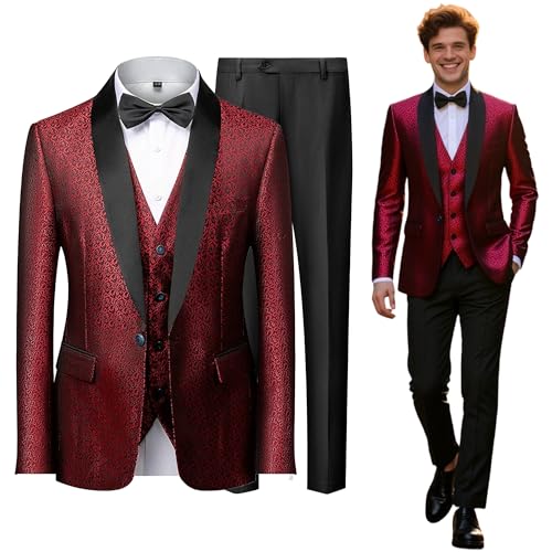 Mens Suits Slim Fit 3 Pieces Tuxedo Blazer Shawl Lapel Printed Pattern Vest Pants Prom Party Business Banquet2
