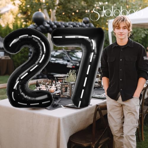 Image of Race Car 40 Inch Black 27 Big Large Helium Balloon Number 0-9 | Track Giant Digital 27th Foil Mylar Party Balloons for Men Birthday Car Theme Party Anniversary Graduation Decorations