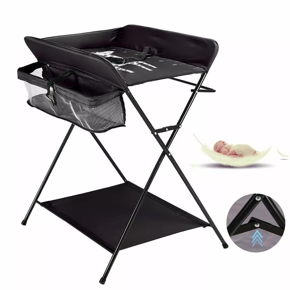 Cambiador de bebé plegable con ruedas, cinturón de seguridad y compartimentos de almacenamiento, cambiador plegable para recién nacidos, almacenamiento para niños pequeños, color negro