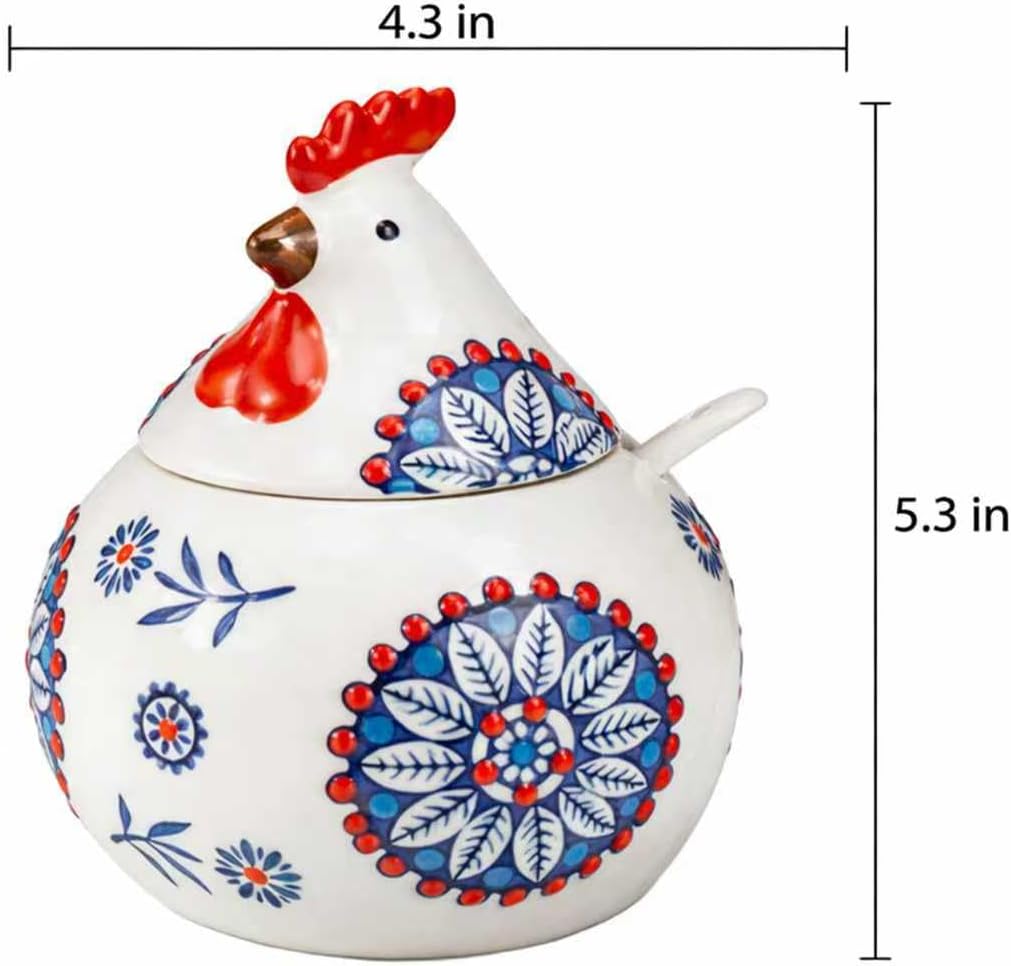 13oz Rooster Ceramic Spice and Sugar Jar with Lid and Spoon | 13oz rooster ceramic spice jar with lid and spoon, sugar and seasoning container for kitchen counter decor.