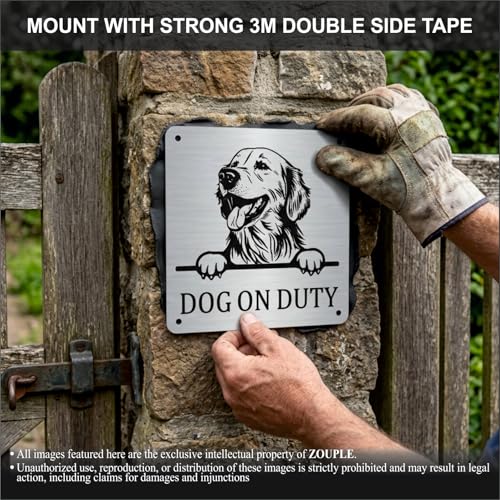Image of Beware of Dog Sign, Golden Retriever, 8x8 Inch, Durable Steel, Triple Mount