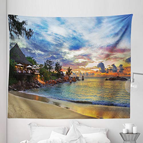 Lunarable Tropical Tapestry King Size, Cafe on Tropical Beach at Sunset Hotel Restaurant Cliff Romance Lagoon Travel, Wall Hanging Bedspread Bed Cover Wall Decor, 104" X 88", Multicolor