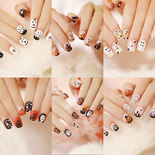 6 Packs (144 Pcs) Halloween Press on Nails Short Design, Short Fake Nails Square Glue on Nails Set for women
