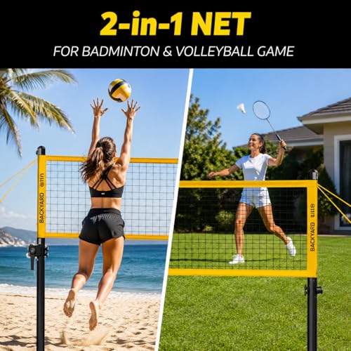 Image of A11N SPORTS Outdoor Volleyball and Badminton Combo Set - Includes Adjustable Height Anti-Sag Net, Volleyball, Air Pump, 4 Badminton Rackets, 2 Shuttlecocks, Boundary Line Marker, and Carrying Bag