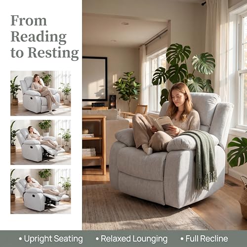 Image of Recliner Chair, Single Leather Lazy Boy Recliner Chair with Home Theater Seating, Oversized Recliner Breathable Living Room Reclining Chairs for Adults Reading Gaming Leisure Relax, Grey White