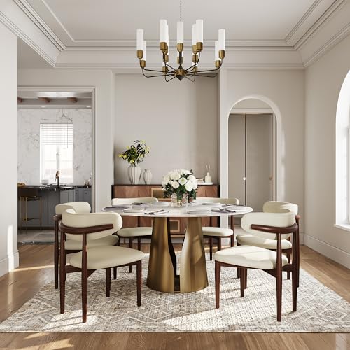 POVISON Round Dining Table for 6, Modern Dining Table 59\" Glossy White Sintered Stone Dining Table with Bronze Carbon Steel Pedestal (Dining Table Only)