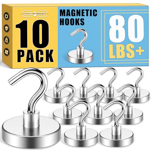 VNDUEEY Magnetic Hooks, 80 Lbs Heavy Duty Magnet Hooks Cruise for Hanging, Super Strong Magnetic Hooks for Cruise Cabin, Refrigerator, Classroom, Magnetic Metal Hooks for Grill (Silver, Pack of 10)