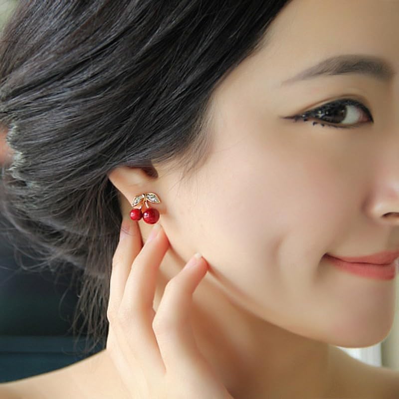 Crystal Red Cherry Stud Earrings for Women Cute Shining Rhinestone Fruit Cherry Dangle Drop Earrings Summer Jewelry - Image 2