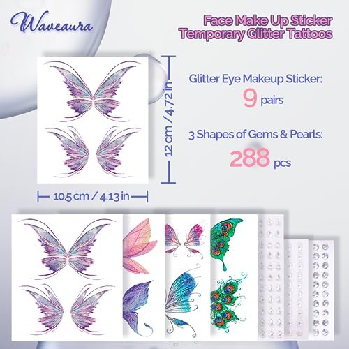 Waveaura Face Jewels Stick on Face Gems Stick on Earrings Hair Gems Rave Accessories for Women Hair Jewels Butterfly Tattoos Face Stickers Festival Rhinestones for Makeup Face Glitter Hair Jewelry