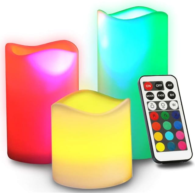 NOVELTY PLACE Flameless Candles with Remote, [Real Flickering & Real Ivory Color] Battery Powered LED Pillars Candle with Remote Control and Timer Function - 12 Preset Multi Colors