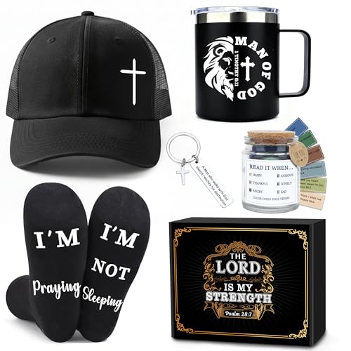 Christian Gifts for Men Faith Based Spiritual Stuff Religious Basket Catholic Present Baptism Gifts Pastor Appreciation Gift Set Christian Accessories for Men with Bible Verse Keychain Mug Socks