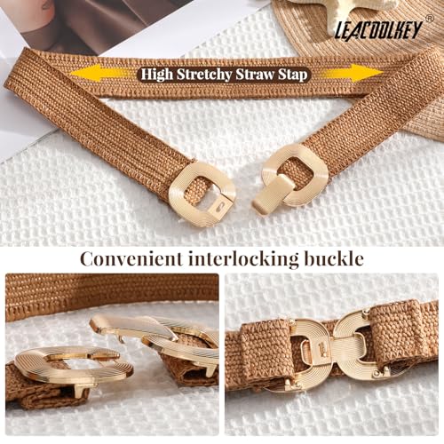 LEACOOLKEY Woven Straw Waist Belt for Women Boho Belt for Dress Braided Wide Stretch Belt Suit for waist size 34"-37"3