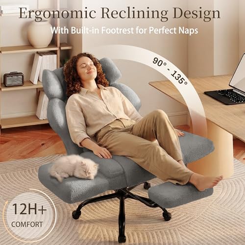 Image of Office Chair with Flip Armrests,Big and Tall Office Chair with Foot Rest,Extra Wide Seat & Lumbar Pillow,Comfy Criss Cross Chair for Pets Sitting,Ergonomic Computer Gaming Chair,Teddy Fleece,Grey