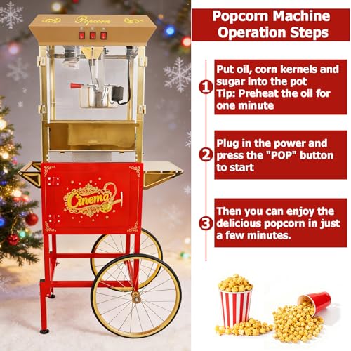 Image of Commercial Popcorn Machine with Cart -16OZ Kettle Popcorn Makers with Heating, 1000W 3-Switch Control & Tempered Glass Doors for Office, Restaurant, Carnival, Schools, Church, Christmas, Red