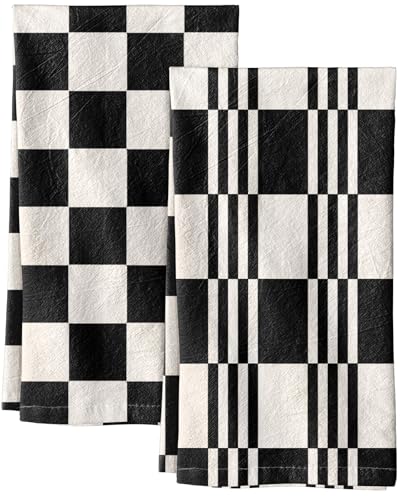 Image of Miss Adola 2 Pack Flour Sack Kitchen Towels - 16x26 Inch Black and White Cotton Dish Towels with Hanging Loop Reusable Modern Tea Towel Absorbent Dishcloths Home Decor, Checkered