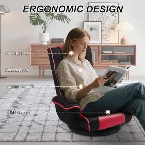 Image of Swivel Floor Chairs for Adults, Floor Gaming Chair with Extra Wide Arms, Back Support 14 Angles Adjustable Comfortable Double Mesh Fabric Lazy Sofa for Video Game Chairs 201 (Black+Red)