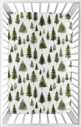 Image of Sweet Jojo Designs Baby Fitted Mini Crib Sheet (Green Woodland Tree) for Girls /Boys, Newborn /Infant Nursery, Play Yards, Portable Cribs (Gender Neutral, Nature, Pine Tree Forest, Woods, Christmas Fir)