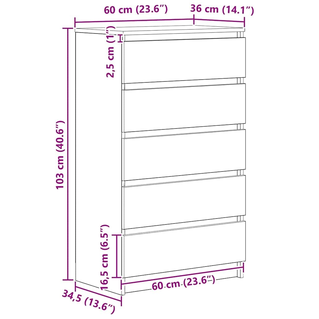 vidaXL Cajonera de Madera de ingeniería Roble Artisan 60x36x103 cm, cómoda, Armario, Armario de almacenaje, sifonier, Armario archivador