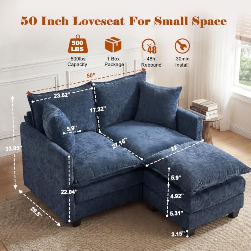Image of 50'' L-Shape Loveseat Sofa with 22 inch Ottoman, 2 Seat Modern Cloud Couch with 2 Washable Pillows for Small Space Apartment Office Living Room Bedroom, Blue