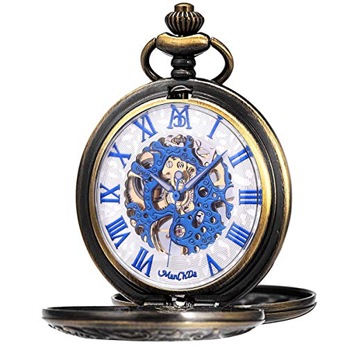 Image of ManChDa Mechanical Roman Numerals Dial Skeleton Pocket Watches with Box and Chains for Mens Women