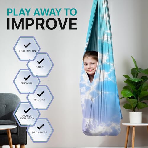 Image of Indoor Sensory Swing for Kids or Outdoor - Holds 300lbs, Double-Layer, & 360 Swivel, Calming Compression Therapy Swing Hammock for Kids & Adults with All Hardware - Sensory-Motor Toys & Gifts