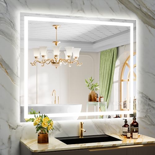 Image of 48x40 Inch LED Bathroom Mirror with Lights Front and Backlit Lighted Vanity Mirror for Bathroom Wall with 3 Colors Dimmable Anti-Fog Memory Tempered Glass Horizontal /Vertical