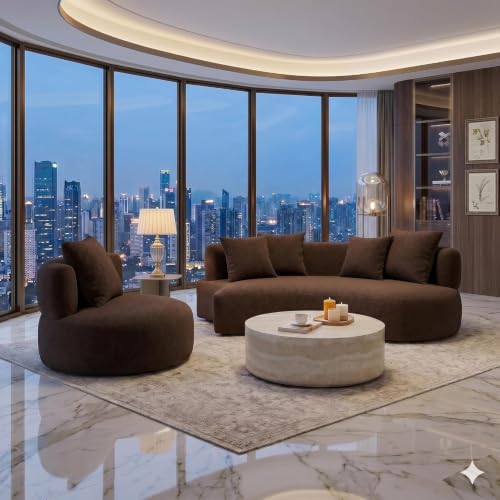 Image of Modern Curved White Sofa Couch with Plush Pillows - 4 Seater Upholstered Living Room Sofa | Contemporary Minimalist Design for Home, Office & Lounge. (Brown L1)